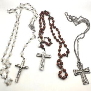 Set of 3 Cross Jewelry Rosary Beads Necklace Beaded Lot Set Italy Brown Silver